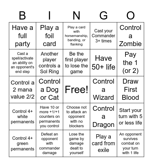 Commander Bingo Card