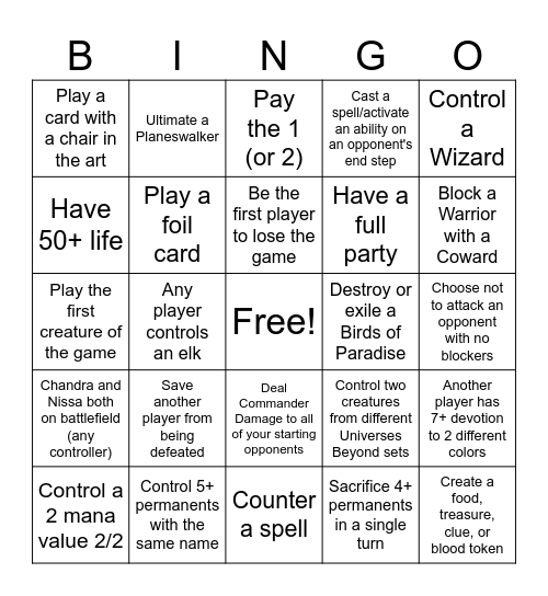 Commander Bingo Card