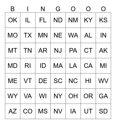 50 STATES BINGO Card