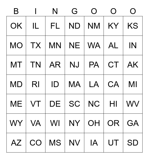 50 STATES BINGO Card