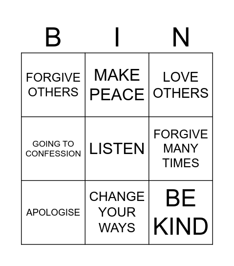 FORGIVENESS Bingo Card