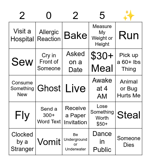 My New Year's  ̶R̶e̶s̶o̶l̶u̶t̶i̶o̶n̶s̶  Expectations Bingo Card