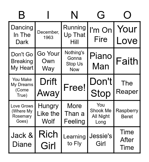 Roadtrip Songs Music Bingo Card