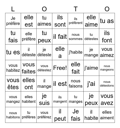 Les Verbes Essentielles Bingo Card