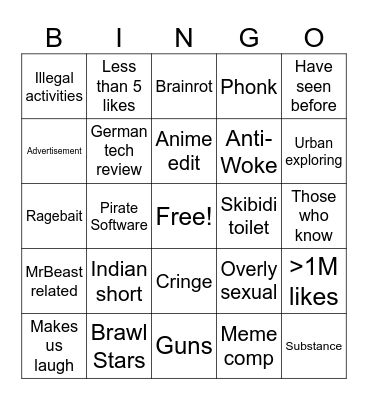 Youtube Shorts Bingo Card