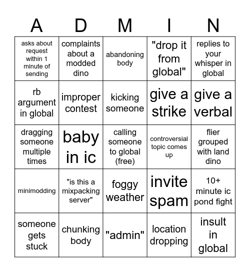 LFaW admin bingo Card