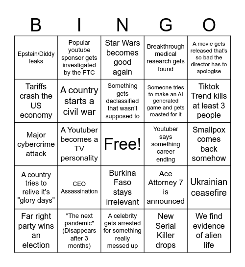 2025 Bingo Card Bingo Card