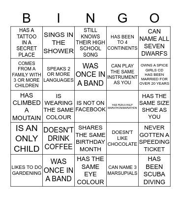 Find someone who ....  Bingo Card