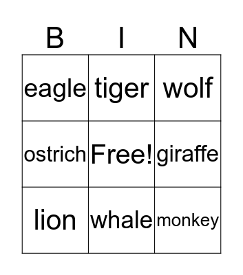 ANIMALS Bingo Card