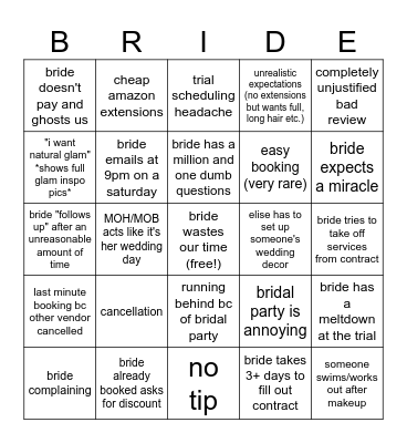 2025 Bride Squad Annoying Bride Bingo Card