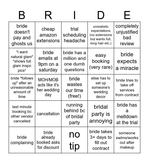 2025 Bride Squad Annoying Bride Bingo Card