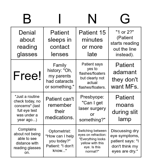 Optometrist Bingo Card