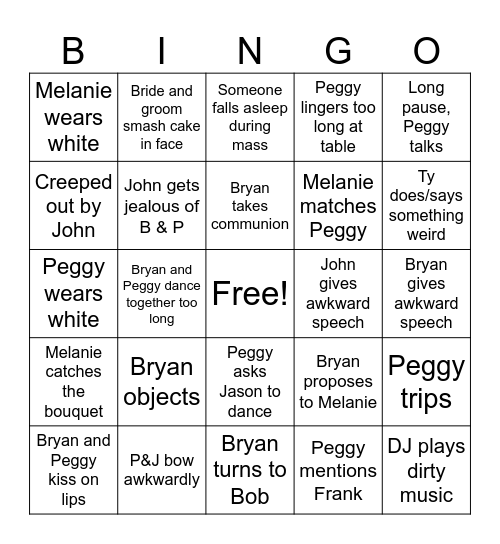 Peggy's Wedding Bingo Card