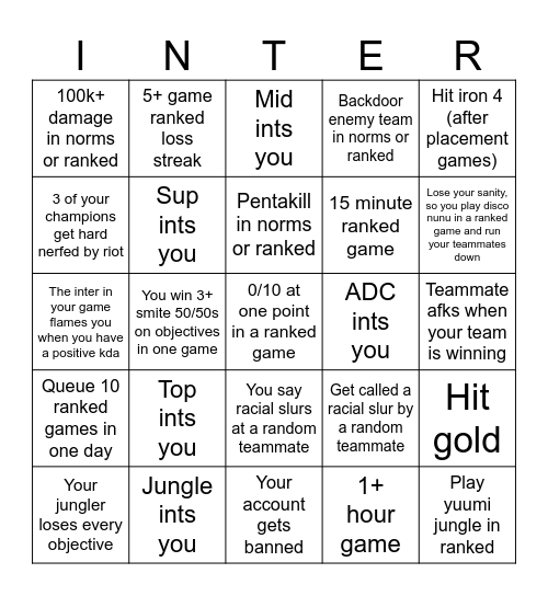 S15 League Bingo Card