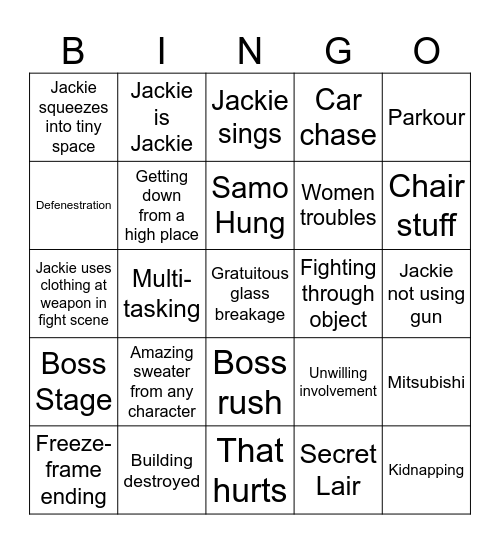 Jackie Chan Bingo Card
