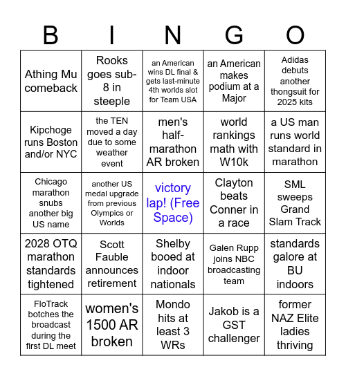 2025 Track & Field szn Bingo Card