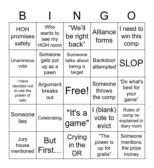 BIG BROTHER Bingo Card