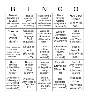 Women's Event Get To Know You Bingo Card