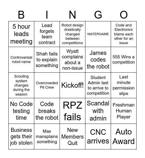 Robotics Season Bingo Card