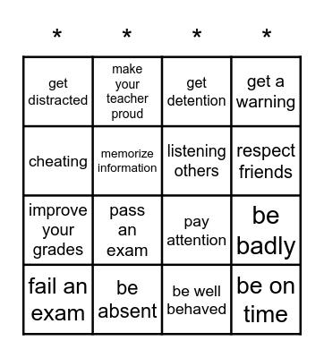 School Behavior Bingo Card