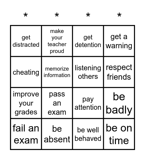 School Behavior Bingo Card