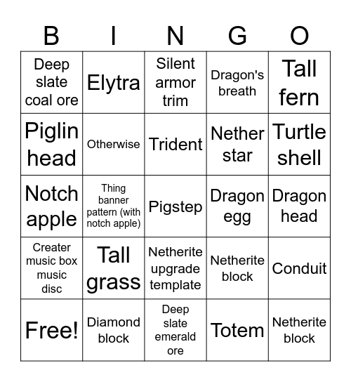 Minecraft rare item bingo Card