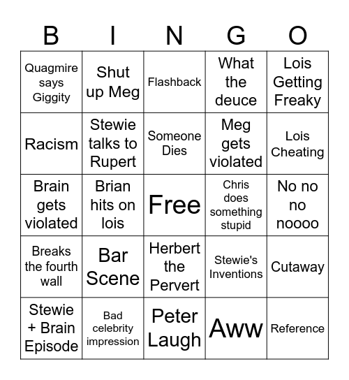 Family guy Bingo Card