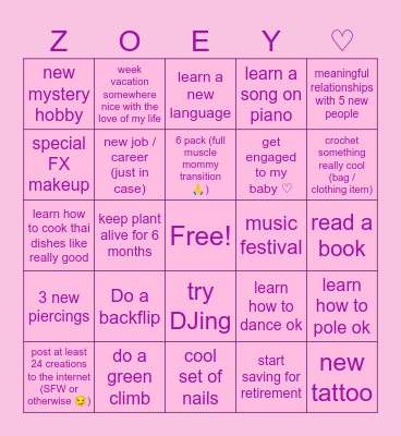Zoeys 2025 resolution / to-do / bucket list BINGO Card