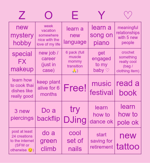 Zoeys 2025 resolution / to-do / bucket list BINGO Card