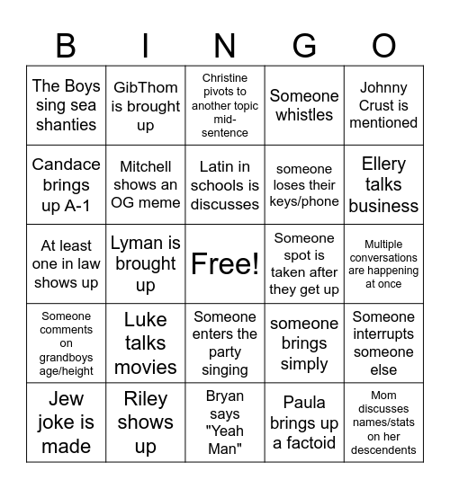 Moms Family Bingo Card