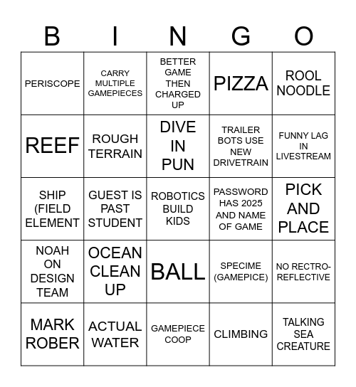 WATER GAMES BINGO BOARD Bingo Card