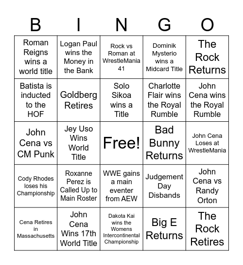 2025 WWE Bingo Card