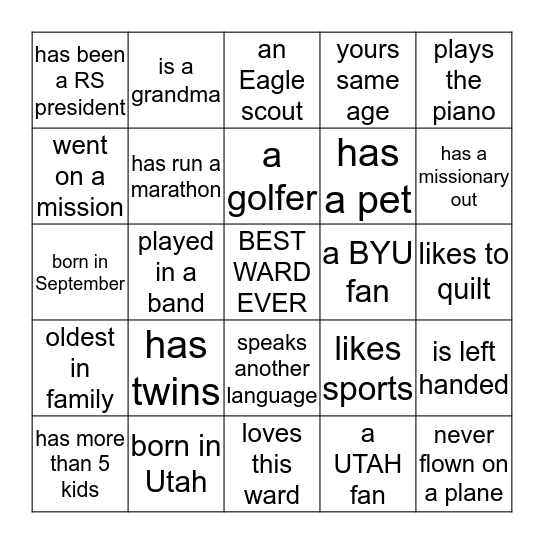 25th  WARD GETTING TO KNOW YOU Bingo Card