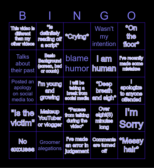 YouTuber Apologies Bingo Card