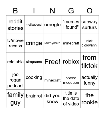 Youtube Shorts Bingo Card