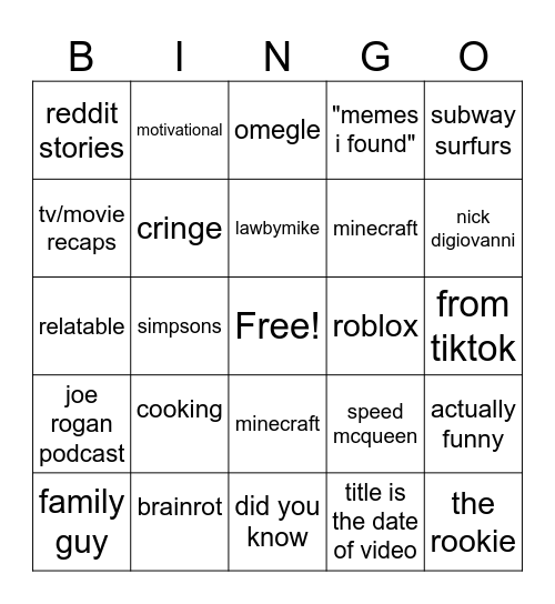 Youtube Shorts Bingo Card