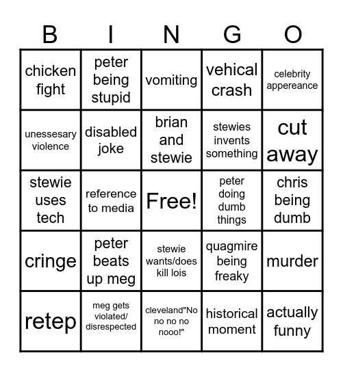 Family guy Bingo Card