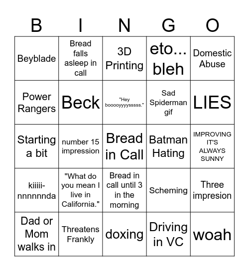 Bread Bingo Card Bingo Card