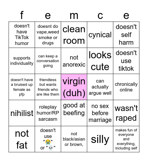 better femcel Bingo Card