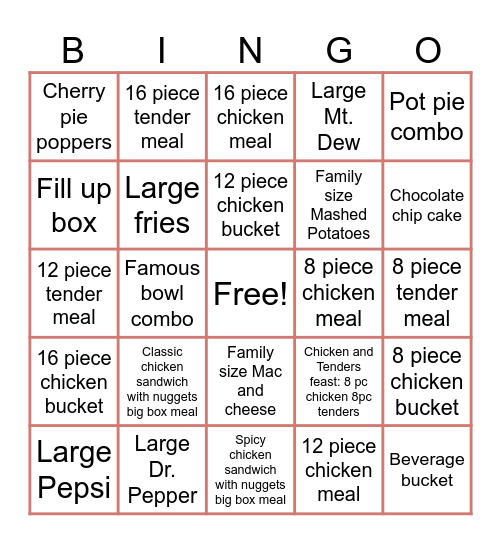 KFC Bingo Card