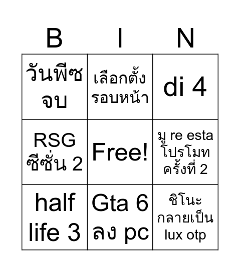 สิ่งที่(น่าจะ)เกิดขึ้นก่อนเควส di 3 จบ Bingo Card