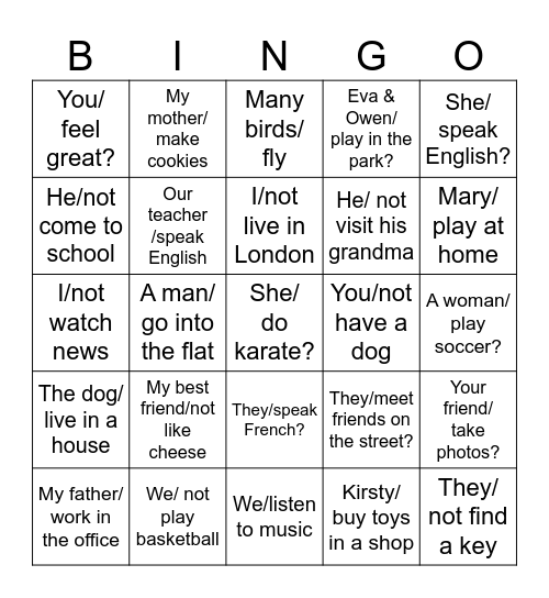 Present Simple +/- Bingo Card