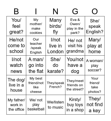 Present Simple +/- Bingo Card