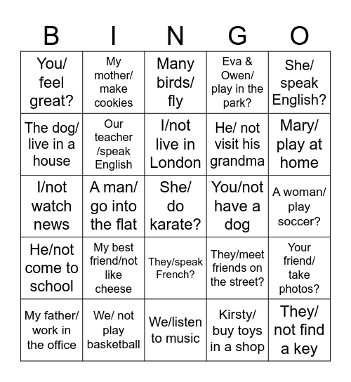 Present Simple +/- Bingo Card