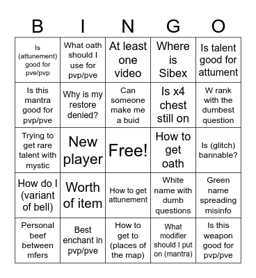 #question Bingo Card