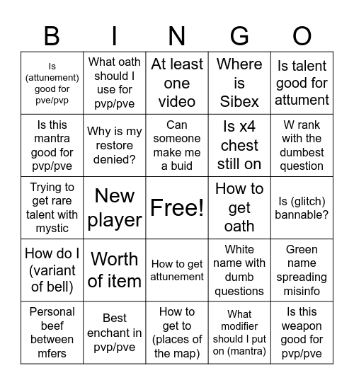 #question Bingo Card