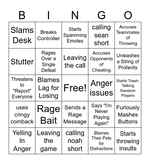 Zander Rage Bingo Card