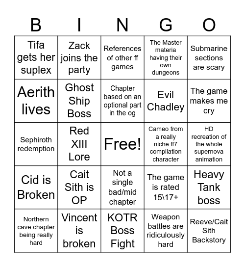FF7 Part 3 Bingo Card