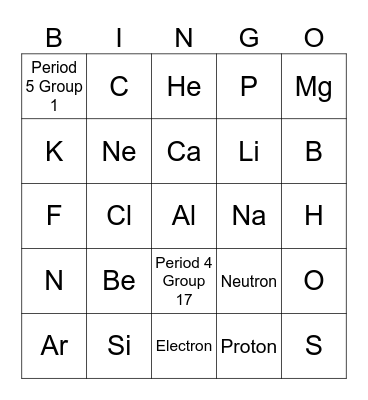 Periodic Table Bingo (First 20 elements) Bingo Card