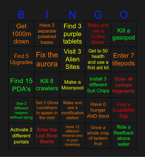 Subnautica Bingo Card